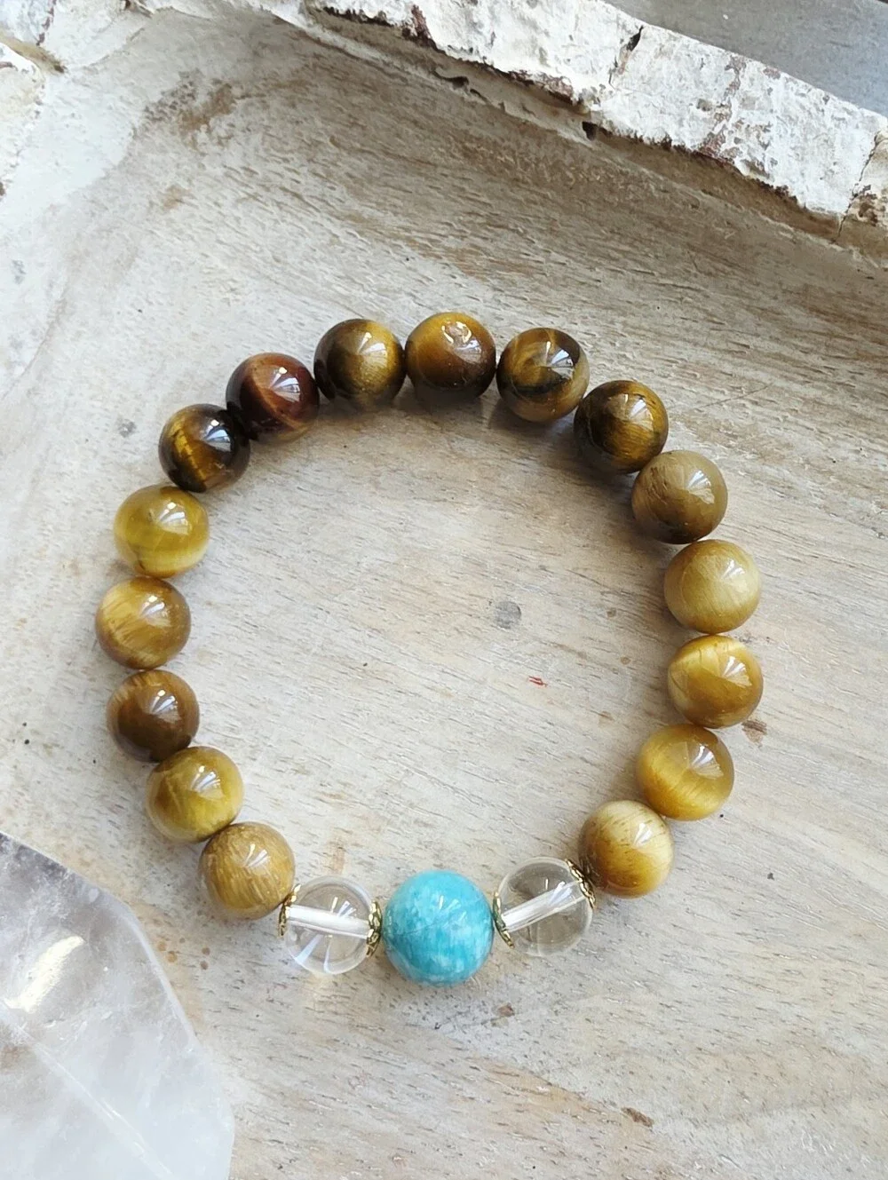 Tiger Eye and Amazonite Beaded Stretch Bracelet with Clear Quartz | Natural